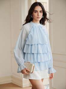 Anewsta Blusa elegante de mujer de estilo francés con múltiples capas de volantes, de manga larga y transparente, ideal para vacaciones, fiestas, uso diario y vacaciones - Azul - Ver 4