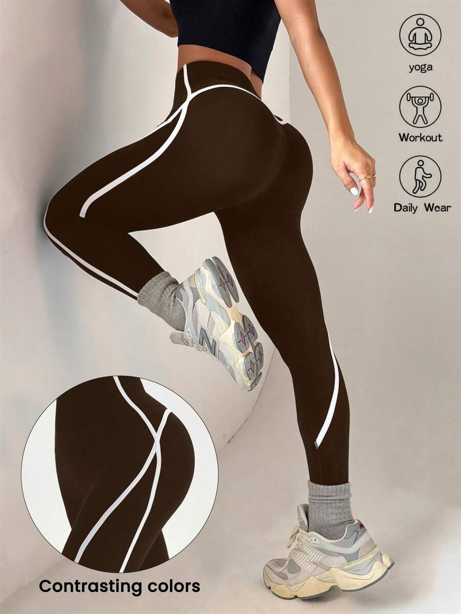 SHEIN Dewbera 女士无缝高腰塑身瑜伽紧身裤 - 咖啡棕 - 查看 1