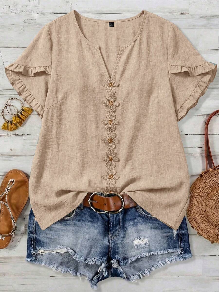 EMERY ROSE Blusa casual de verano de resort tejida para mujer - Albaricoque - Ver 1