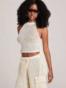 NYA SZN Áo croptop nữ móc len hở lưng, cổ yếm, buộc dây với tua rua dài. - Màu be - Xem 6