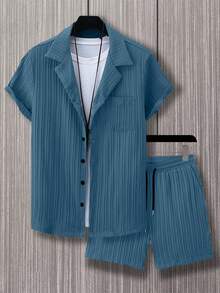 Manfinity Homme 2pcs/Set Men's Short Sleeve Single-Breasted Pocket Shirt And Shorts - Teal Blue - View 3