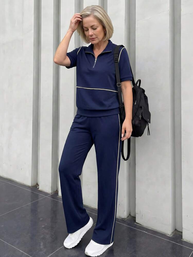Middle-Aged & Elderly Women's Contrast Trim Short Sleeve Top And Pants Set