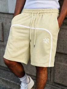 PAVTROS Men's Letter Print Drawstring Waist Casual Versatile Daily Wear Shorts, Holiday - Beige - View 5