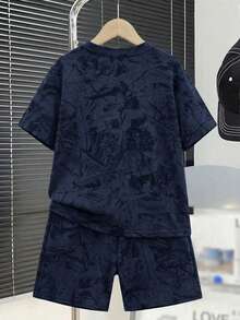 青少年男童休闲舒适简约圆领短袖T恤和短裤套装 - 彩色 - 查看 2