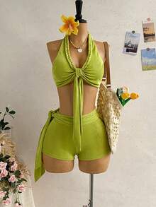 Soleia Conjunto de 2 piezas de top halter plisado con nudo delantero y shorts con cintura anudada para mujer - Verde - Ver 1