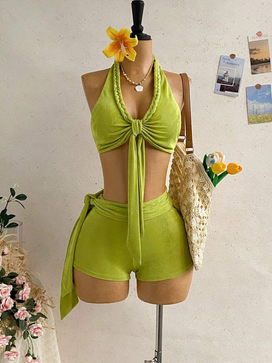 Soleia Conjunto de 2 piezas de top halter plisado con nudo delantero y shorts con cintura anudada para mujer - Verde - Ver 1