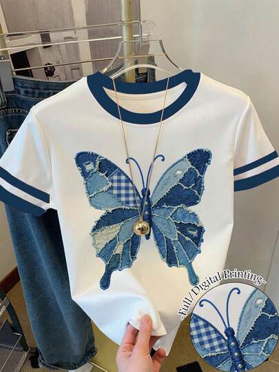 Young Girl Casual Cute Sweet Personalized Patchwork Butterfly Print Round Neck Short Sleeve T-Shirt, Suitable For Summer