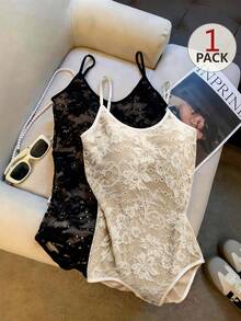 Franclia Women's Sexy & Elegant Solid Color Lace Bodysuit - Apricot - View 4