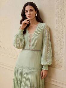 ZEYLAH V-Neck Lace Patchwork Pleated A-Line Dress, Spring/Summer - Mint Green - View 5