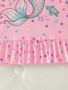 Set de 2 piezas de pijama vestido con cuello redondo, manga corta, volantes y estampado de sirena para niñas jóvenes, lindo y dulce - Multicolor - Ver 5