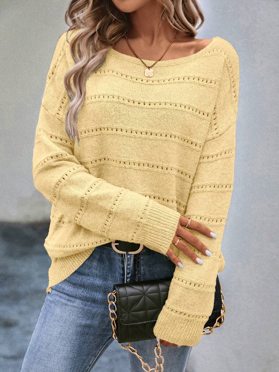 EMERY ROSE Suéter casual de mujer de unicolor, de manga larga, con hombros caídos y calado - Amarillo - Ver 1