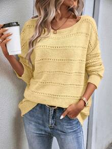 EMERY ROSE Suéter casual de mujer de unicolor, de manga larga, con hombros caídos y calado - Amarillo - Ver 7