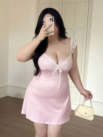 Vibekara Plus Size Women's V-Neck Lace Patchwork Tie-Waist Camisole Dress, Contrast Color Short Bodycon Dress