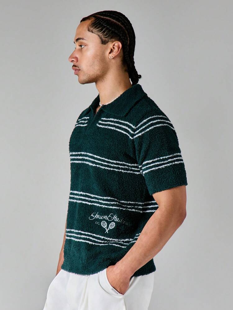 Boxy Fit gestreifter Bouclé-Polo-Strickpullover mit offenem Kragen und kurzen Ärmeln, Sommer Lässig
