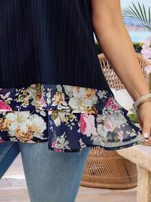 Rosumi Plus Size Women's Navy Blue Summer Boho Camisole Top,Floral Print Patchwork Vacation Holiday Vest,Country Style Tummy Hide Beach Outfits For Women - Multicolor - View 7
