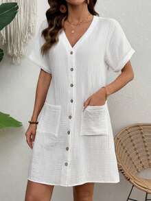 Zayélia Women's Casual Solid Color Front Button Pocket Dress, Summer Beach Vacation Plain All White - White - View 7
