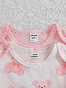 SHEIN 2件套新生女婴休闲可爱粉白小熊、蝴蝶结、爱心印花圆领长袖连体衣，带脚套，适合夏季日常外出、购物、周末公园/游乐园之旅、度假、派对和其他室内/室外场合。 - 彩色 - 查看 8
