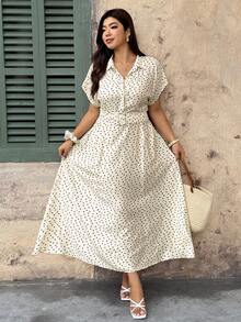 Vionelle Đầm maxi dáng chữ A sang trọng, thanh lịch kiểu Pháp dành cho nữ mùa xuân/hè, phong cách bohemian thường ngày, đa năng, phù hợp cho cả đi nghỉ mát và công sở, họa tiết chấm bi cổ điển. Áo sơ mi cổ bẻ, tay áo trễ vai, thắt eo. - Màu be - Xem 6