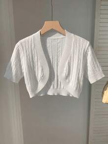 SHEIN EZwear Áo khoác cardigan ngắn tay nữ màu trơn, kiểu dáng thường ngày, đa năng. - Màu be - Xem 3
