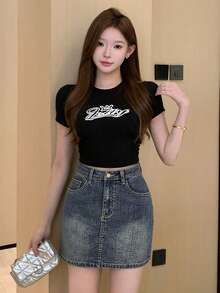 FRIFUL Chân váy denim nữ kiểu dáng thường ngày, đa năng, có túi xéo và lớp lót, thích hợp cho mùa hè. - Màu xanh lam - Xem 3