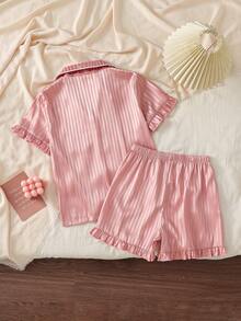 2-Piece Girls Kids Summer Pink Stripe Cute Nighties,Lapel Collar Short Sleeve Ruffle Trim Satin Pajamas Set,Ice Silk Sleepwear Loungewear Homewear - Dusty Pink - View 3