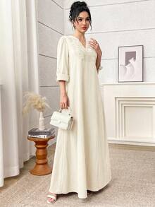 Al Najma Women's V-Neck Casual Party & Travel Arabic Style Dress - Apricot - View 6