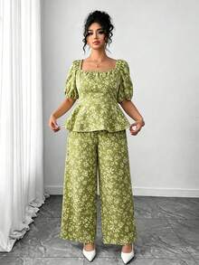 Elenzga Conjunto informal de mujer talla grande con blusa de cuello plisado con estampado floral y pantalones de pierna ancha - Verde militar - Ver 1