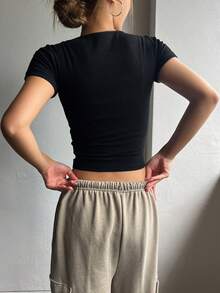 DAZY Kaos Lengan Pendek Polos Kasual, Atasan Crop Top Musim Panas Serbaguna, Pakaian Sehari-hari Warna Hitam - Hitam - View 2