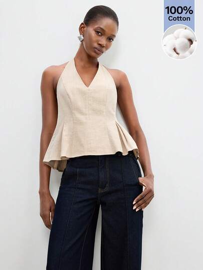 Maija Women's Solid Color Ruffle Hem Halter Neck Top,Going Out Outfits, Summer Tops, Summer Clothes, Summer Outfit For Women, Festival Outfits , Party Top , Beach Outfits For Women , Beach Outfit, Vacation , Summer Holiday Outfits, Country Style For Women, Women's Country Clothing