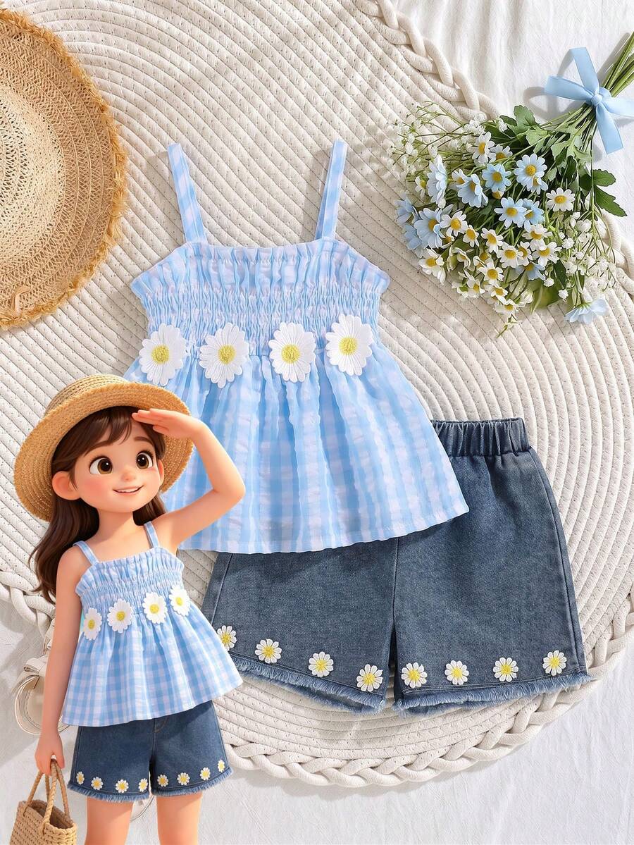 SHEIN Elladie kids 两件套女童休闲通勤甜美蝴蝶结吊带背心,蓝白拼接花卉装饰,搭配牛仔短裤,春夏乡村风儿童夏季套装 - 藍色 - 查看 1