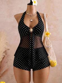 Swim Vcay Đồ bơi nữ thời trang mới nhất cho mùa xuân/hè, họa tiết hoa hướng dương vàng, thiết kế váy lưới xuyên thấu chấm bi đen trắng, bộ đồ bơi hai mảnh tankini cổ yếm, trang phục thường ngày thanh lịch và gợi cảm cho kỳ nghỉ hè trên bãi biển. - Đen và trắng - Xem 1