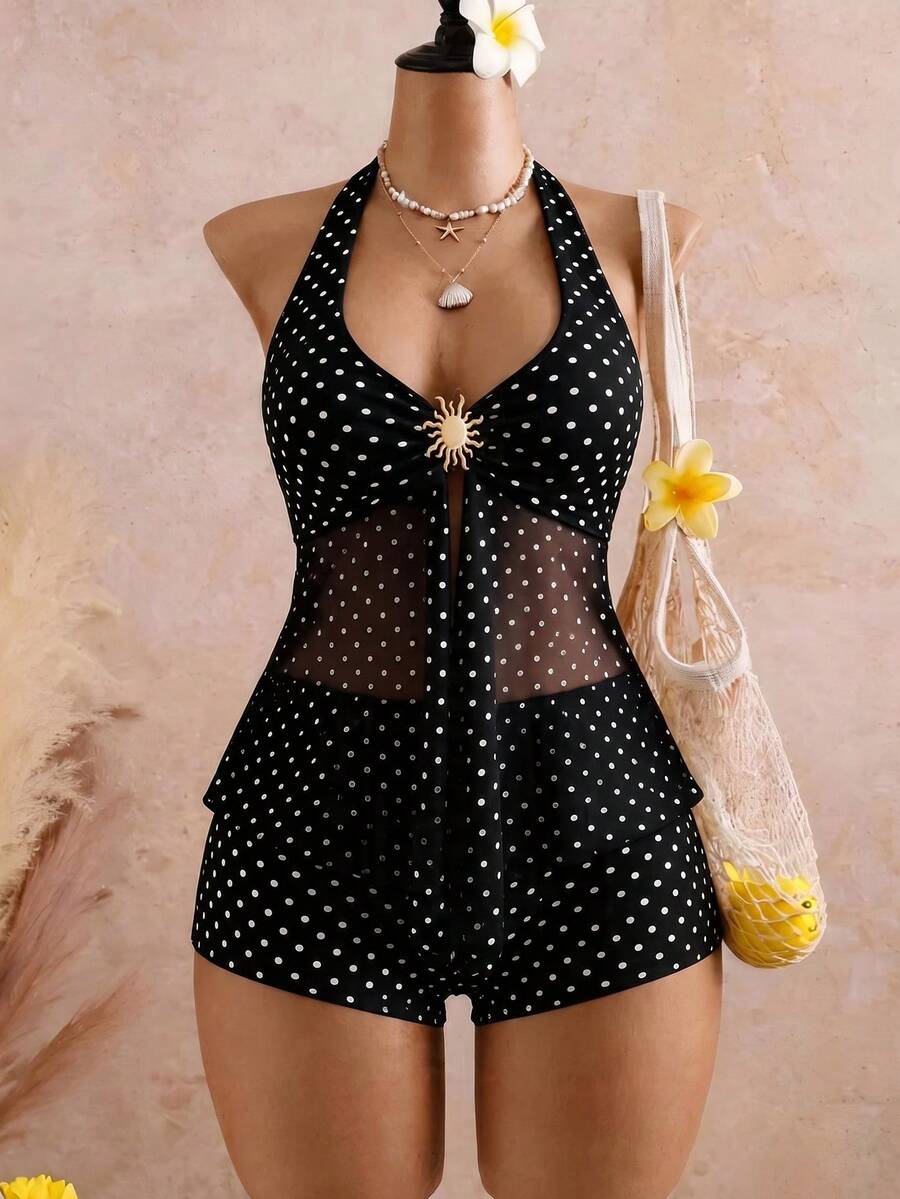 Swim Vcay Đồ bơi nữ thời trang mới nhất cho mùa xuân/hè, họa tiết hoa hướng dương vàng, thiết kế váy lưới xuyên thấu chấm bi đen trắng, bộ đồ bơi hai mảnh tankini cổ yếm, trang phục thường ngày thanh lịch và gợi cảm cho kỳ nghỉ hè trên bãi biển. - Đen và trắng - Xem 1