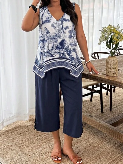 Weeklong Blue Printed Sleeveless Asymmetrical Hem Pants 2 Pieces Casual Vacation Plus Size Set