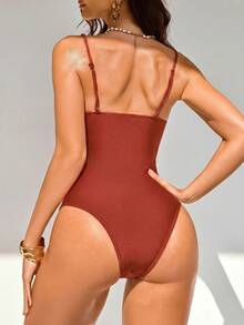 Shapewave Women's Solid Color Ruched One-Piece Swimsuit For Vacation - Brown - View 5