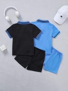 SHEIN Bộ 2 món quần short tay ngắn cổ bo gân jacquard cho bé trai, màu đen & xanh sọc với họa tiết thêu hình ngựa nhỏ, phong cách tối giản, thoải mái mùa hè cho bé trai. - Nhiều màu - Xem 2