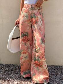 DAZY Women's Casual Floral Print Loose Wide-Leg Jeans - Pink - View 7
