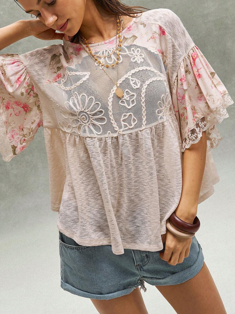 Bohemela 女士休闲针织圆领宽松短袖T恤 - 杏色 - 查看 1