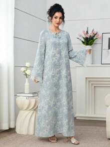 Al Najma Elegant Long Sleeve Lace Arabic Style Dress For Women - Blue - View 4