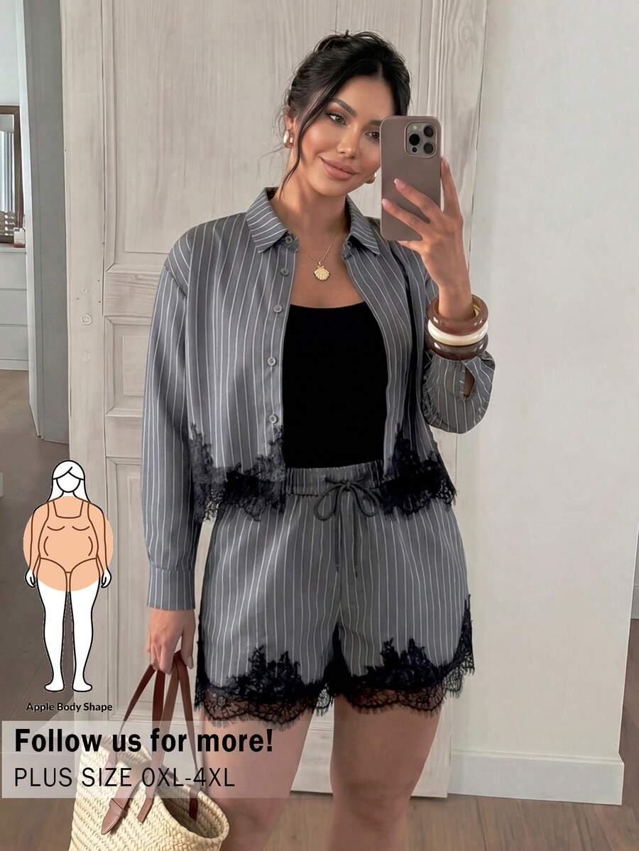 Lounesse Plus Size 2-Piece Set, Striped Casual Commuter Outfit, Lace Patchwork Long Sleeve Shirt And Shorts, Versatile Daily Wear - Grey - View 1