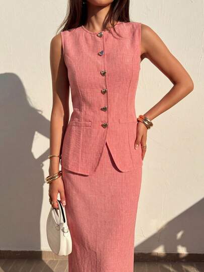 SHEIN Conjunto feminino de primavera/verão com calça casual rosa em imitação de linho, saia com botões e colete, estilo boho.