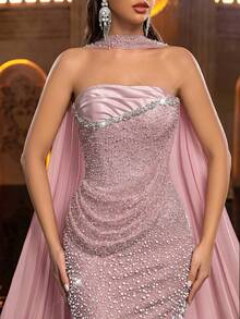 Aureia Women's Strapless Rhinestone Decor Ruched Waist Elegant Evening Gown - Dusty Pink - View 4