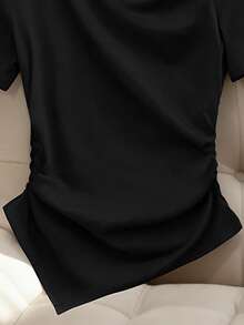Formidée Plus Size Women's Minimalist Elegant Asymmetric Short Sleeve T-Shirt, Black And Gold Metal Accent, Asymmetric Hem Side Ruched, Summer Work Top - Black - View 5