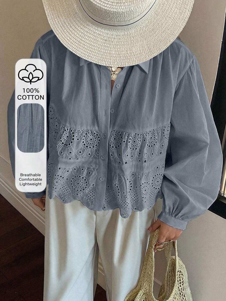 DAZY Women's Embroidered Textured Fabric Lantern Sleeve Collared Short Casual Summer Top Vacation Outfits Women - Blue - View 1