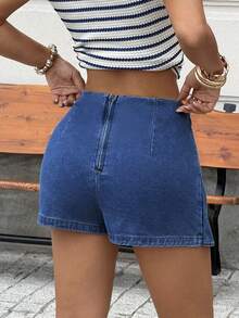 SHEIN EZwear Váy quần jean nữ kiểu dáng thường ngày với gấu quần bất đối xứng, thích hợp cho mùa hè. - Màu xanh lam - Xem 2