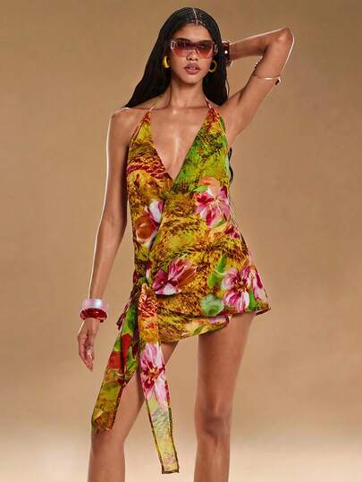 ROMWE Y2K Spring/Summer Vacation Sexy Wild Floral & Snake Skin Print Deep V-Neck Mini Dress For Women