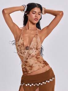 ROMWE Y2K Spring/Summer Vacation Sexy Vintage Floral Brown Print Criss-Cross Backless Halter Neck Tank Top For Women - Khaki - View 4