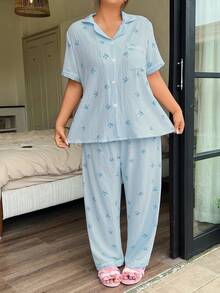SHEIN Napfluff CURVE Plus Size Ruffled Collar Open Front Butterfly Striped Print Short Sleeve Pajama Set - Blue - View 6