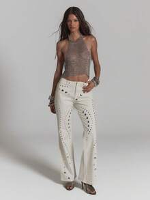 MUSERA White Denim Studded Flared Fitted Low Rise Jeans - White - View 1