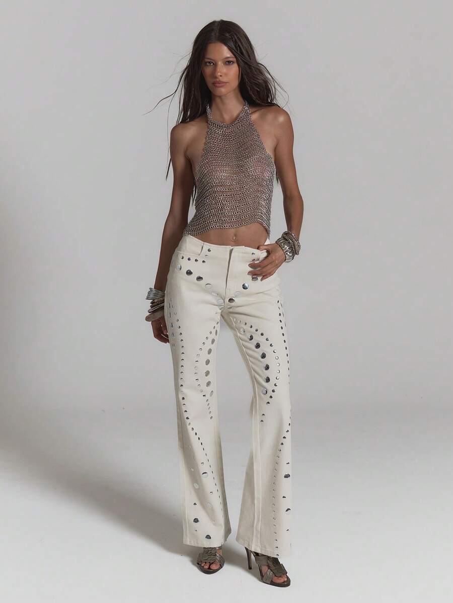 MUSERA White Denim Studded Flared Fitted Low Rise Jeans - White - View 1