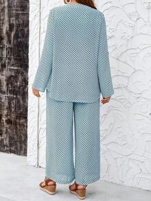 EMERY ROSE Bộ đồ 2 món dành cho nữ cỡ lớn: Áo sơ mi dài tay in họa tiết kẻ caro và quần dài, thích hợp cho mùa thu. - Màu xanh lam - Xem 2